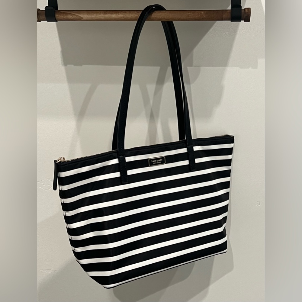 Kate Spade “Hayden” Sailing Stripe Top Zip Tote (Black/White)